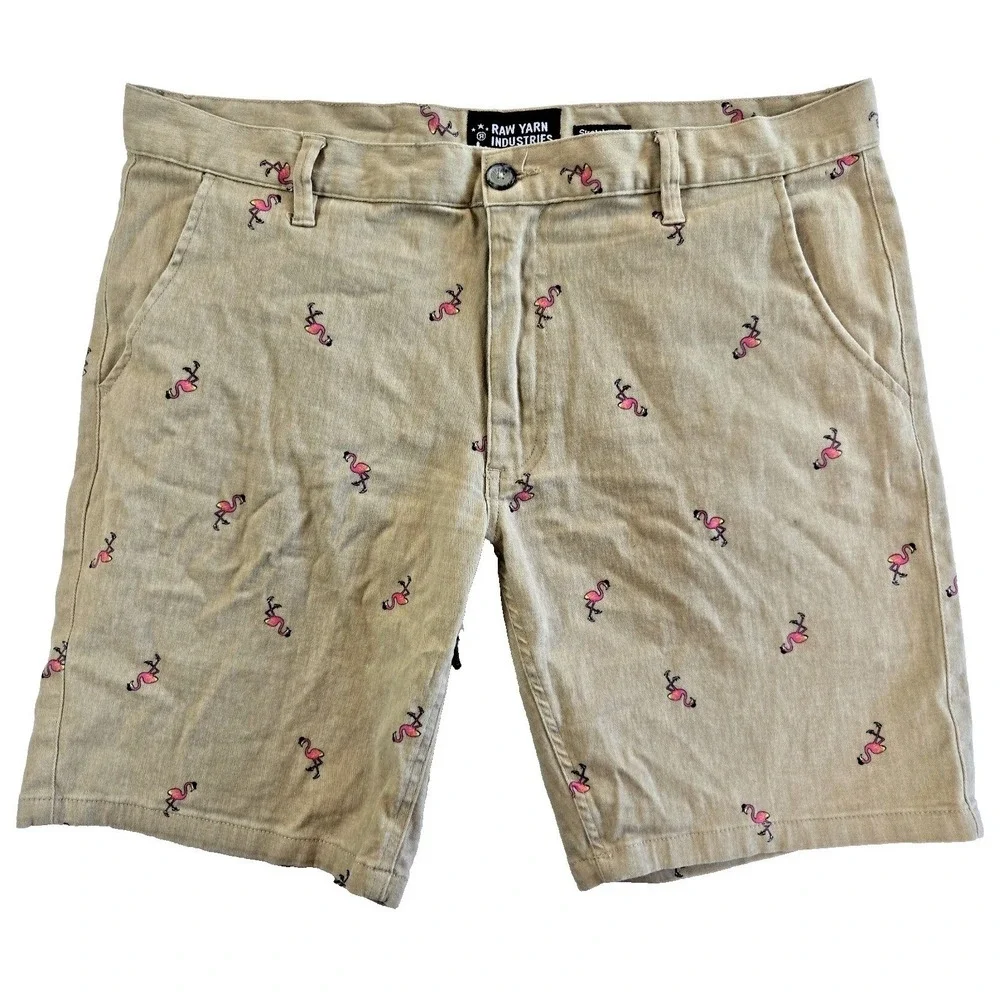 Flamingo‎ Shorts Mens 36 Khaki Stretch Twill Tropical Surf Flamingo Preppy Beach
